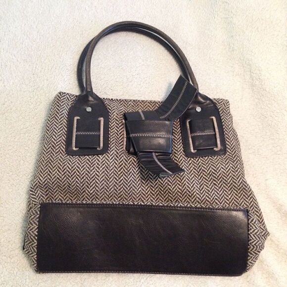 Tommy Hilfiger Y2K Chevron print tweed top handle bag faux bow large brown - Picture 3 of 8